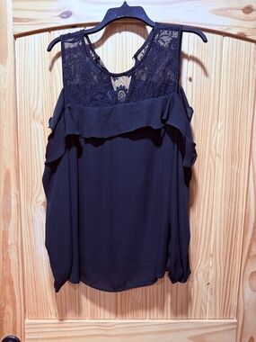 Cold shoulder lace silk button neck flowy top NWOT